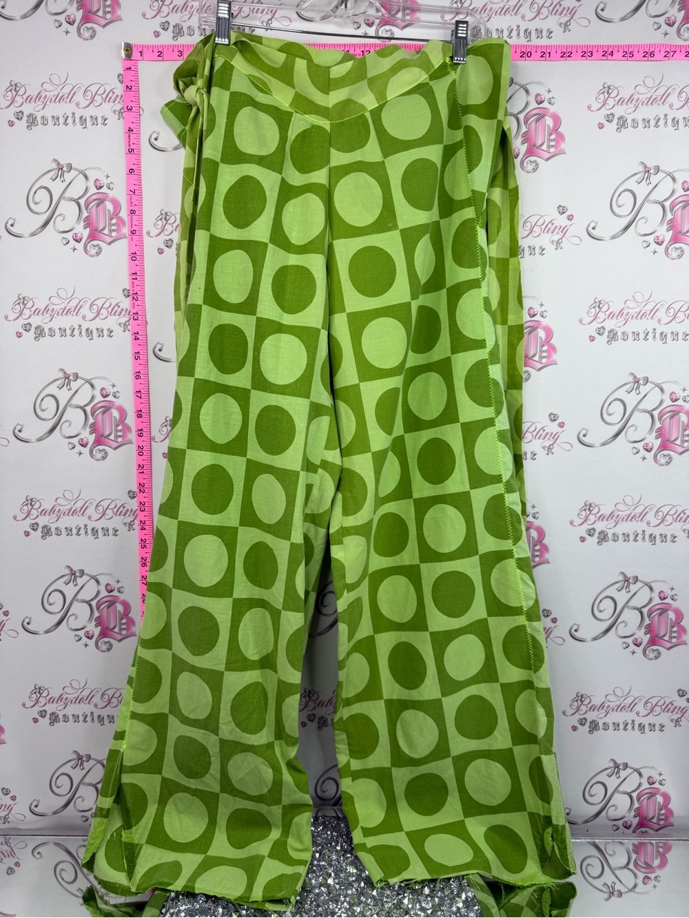 Pants side cut outs flare wide leg Green Circle-Print Wide Leg tie up Pants